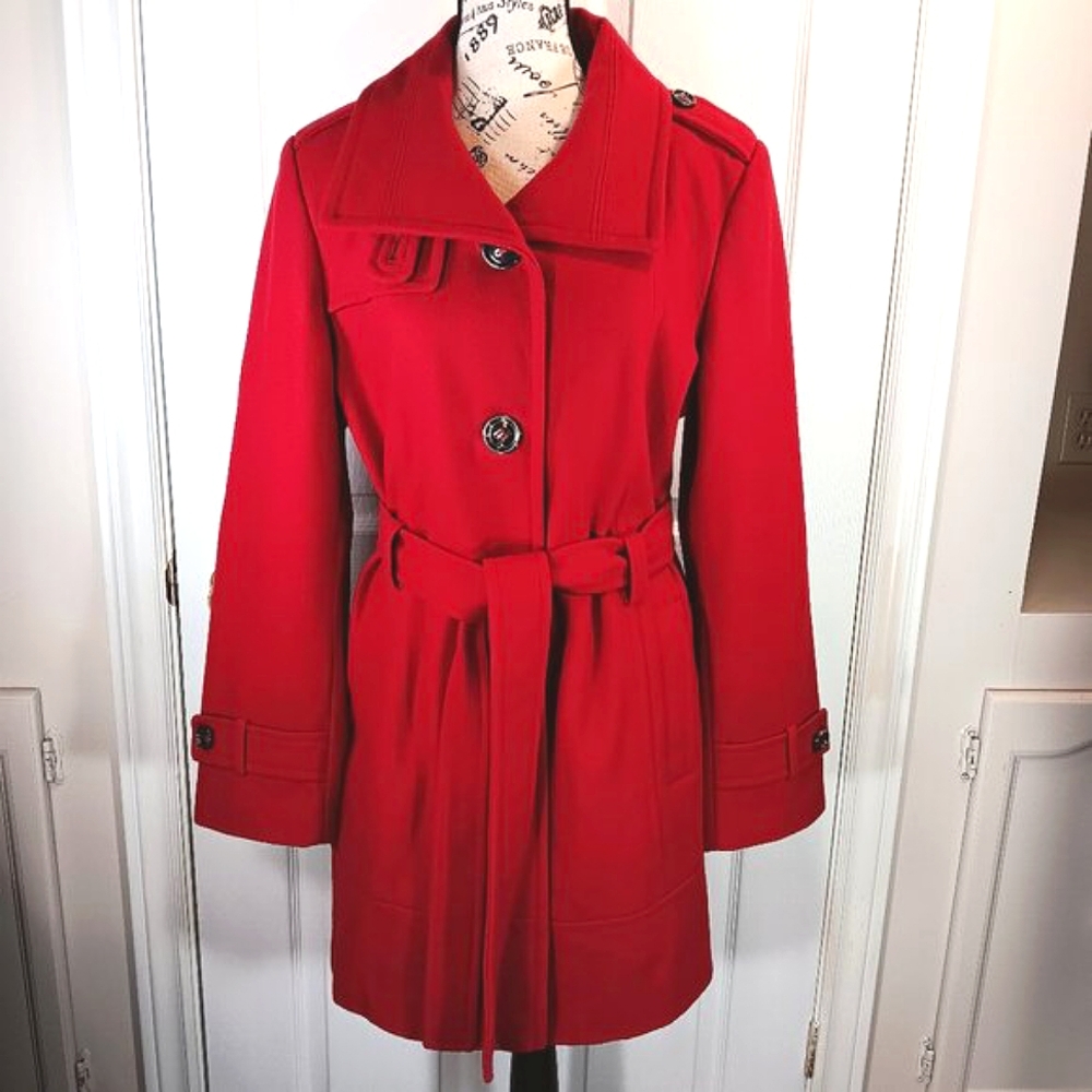 Giacca Red Wool Blend Belted Pea Coat Jacket Women's Size L